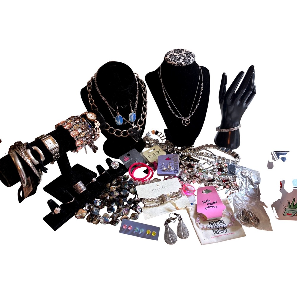 Jewelry Lot 925 heart necklace, 6 rings, bracelets, two working watches